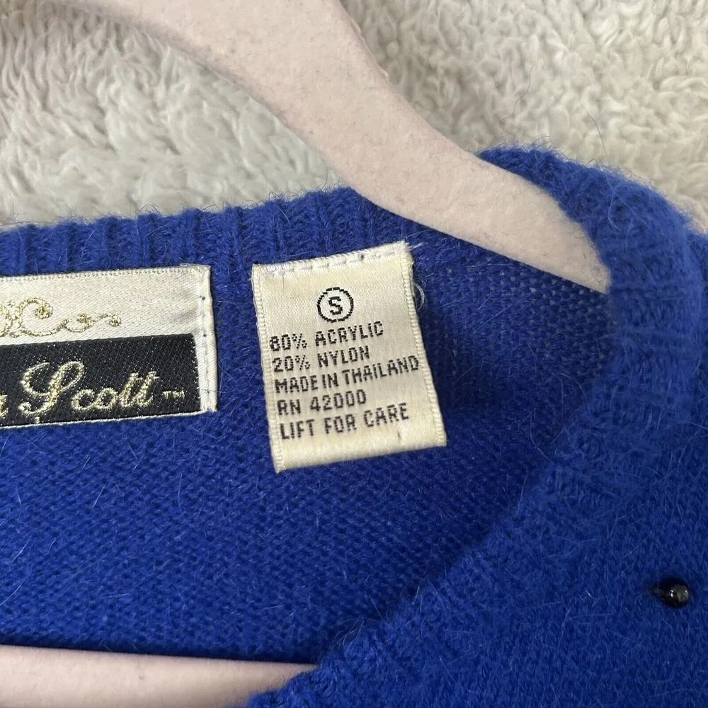 Vintage Sweater Small Blue Black Velvet Bows Beaded Pullover Dana Scott - Image 11