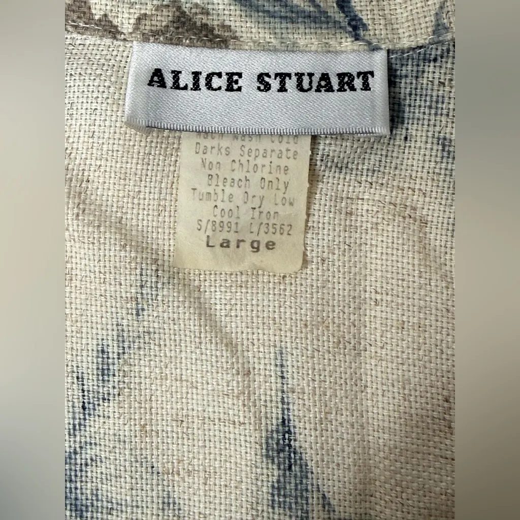 Vintage Alice Stuart Womens Sz L Blue Beige Linen Blend Jacket Blazer Floral USA Size L - Image 6