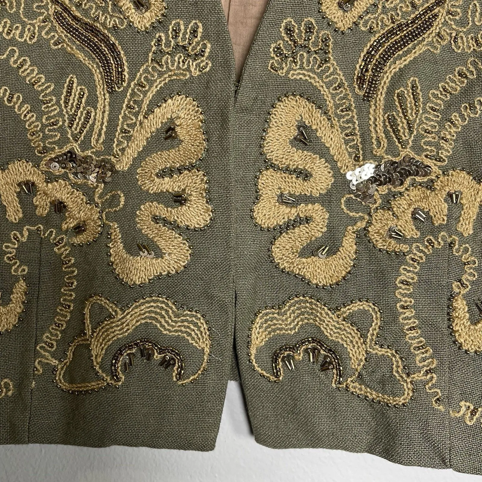 SOFT SURROUNDINGS Turks Bolero Crop Jacket Medium Olive Green Boho Embroidered - Image 3