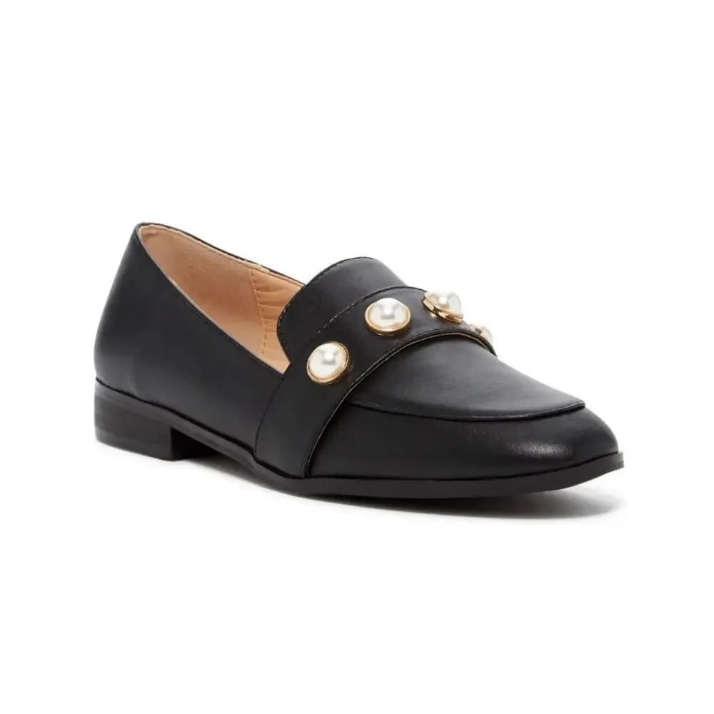 Catherine Malandrino Ceci Black‎ Leather Pearl Embellished Loafer Shoes Size 9.5 - Image 3