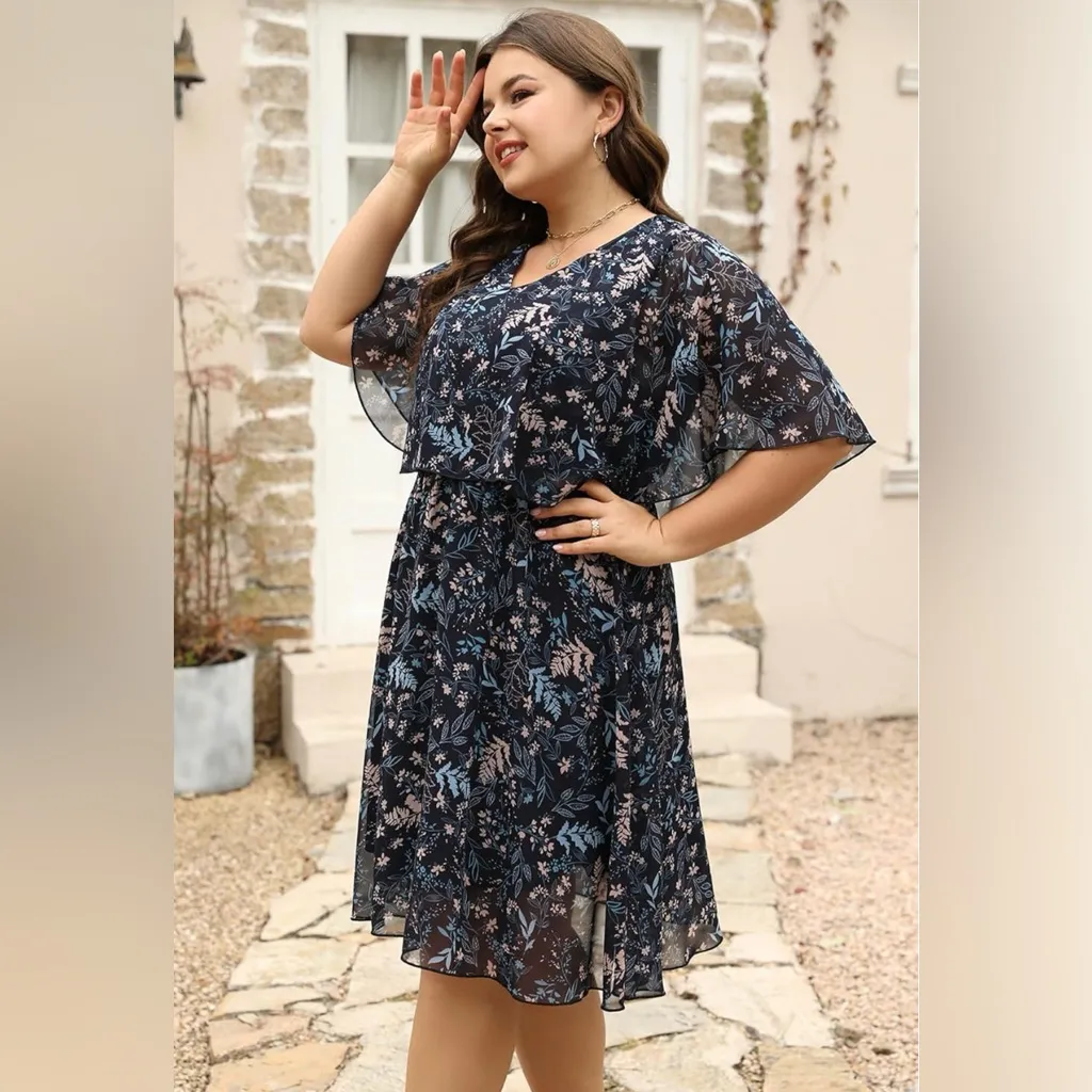 NEW Keluummi Blue Plus Size Floral Empire Waist Midi Flowy Dress 18 - Image 6