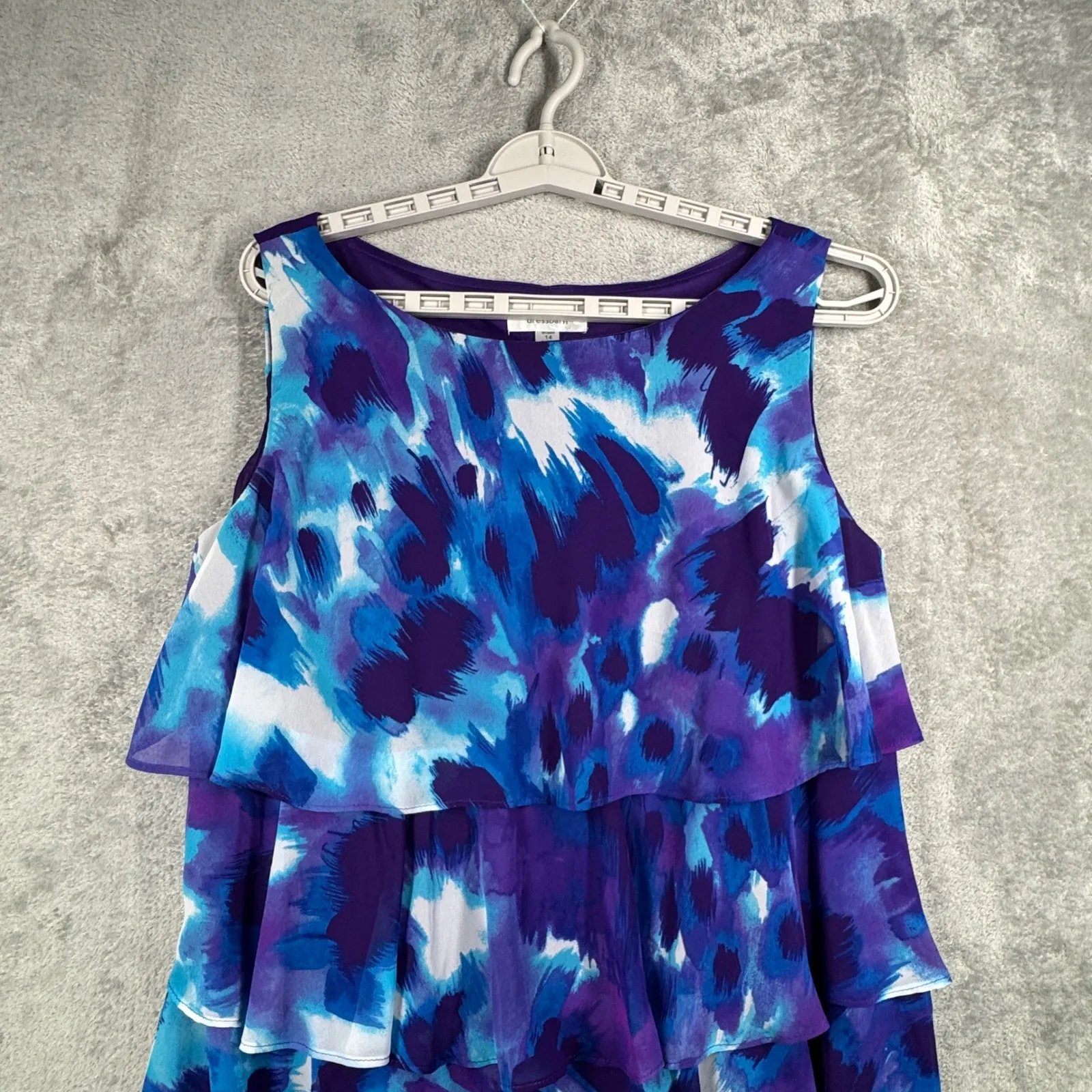 Dressbarn Dress‎ 14 Blue Purple Watercolor Tiered Ruffle Midi Flowy Vacation - Image 4