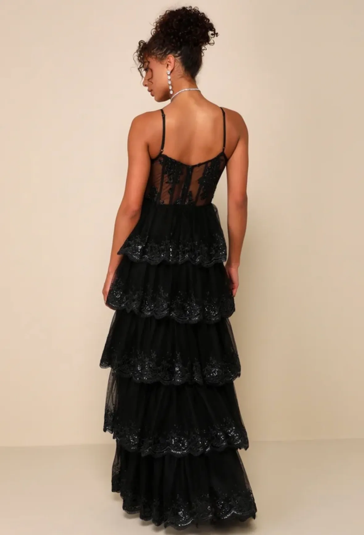 Lulus Alluring sensation Black Tulle Embroidered Tiered Maxi Dress  - Image 2