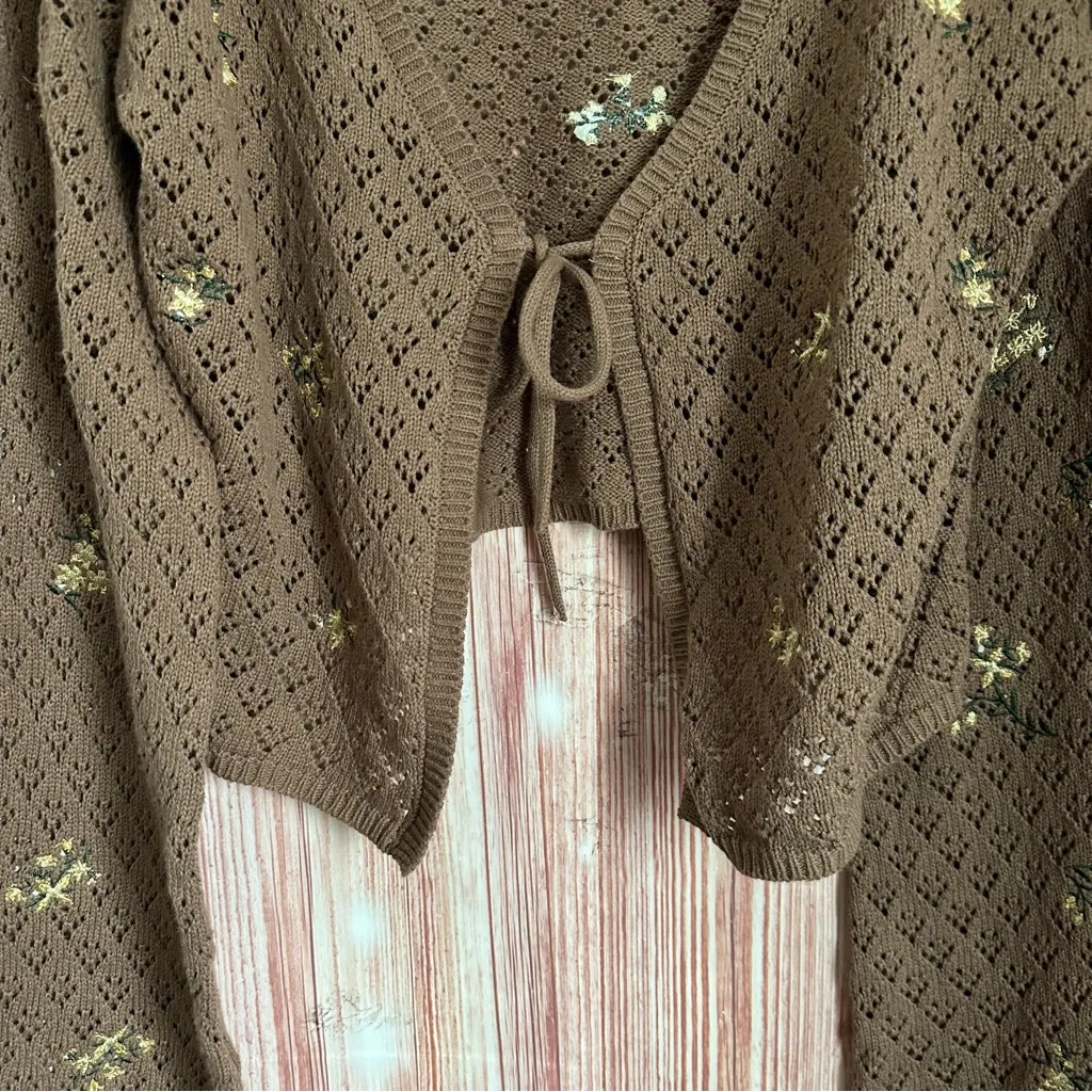 Sincerely Jules Mocha Brown Floral Crochet Bell Sleeve Tie Front Cardigan Sz XL - Image 5