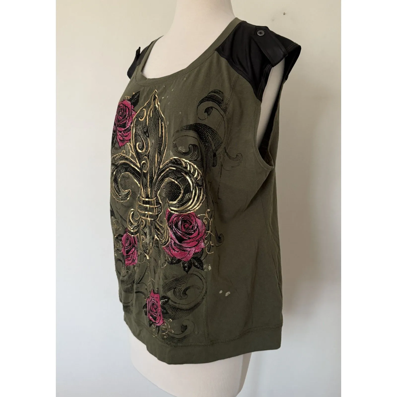 Bongo VTG Y2K Green Subculture Grunge Embellished Fleur-de-Lis Top Sz 1X - Image 4
