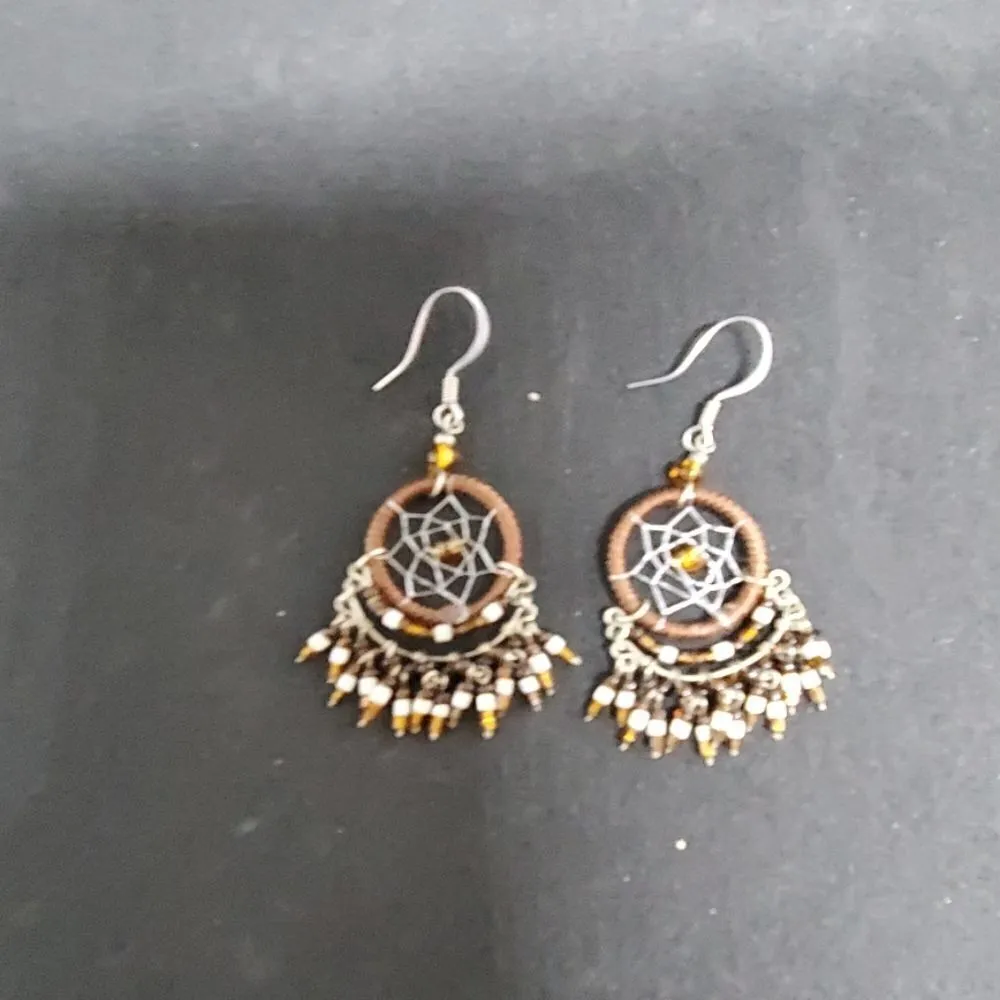 Dangling Dream Catcher Earrings Brown - Image 3