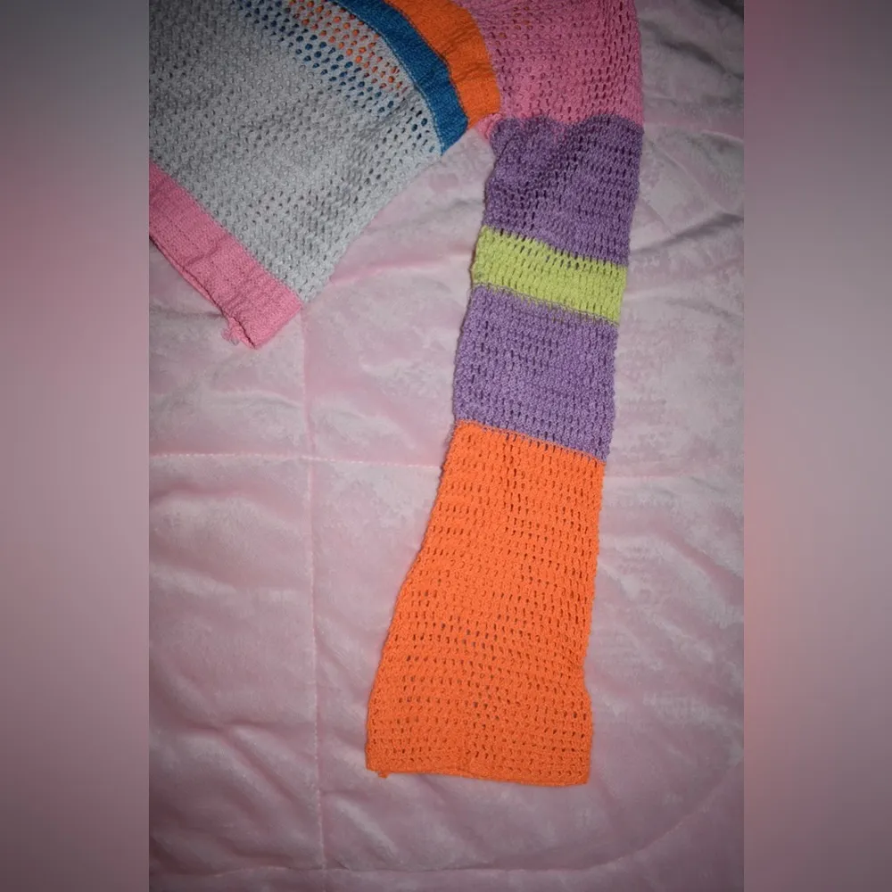 Viral Neon Rainbow Crocheted Bell Sleeve Crop Top Womens Size Small - Image 2