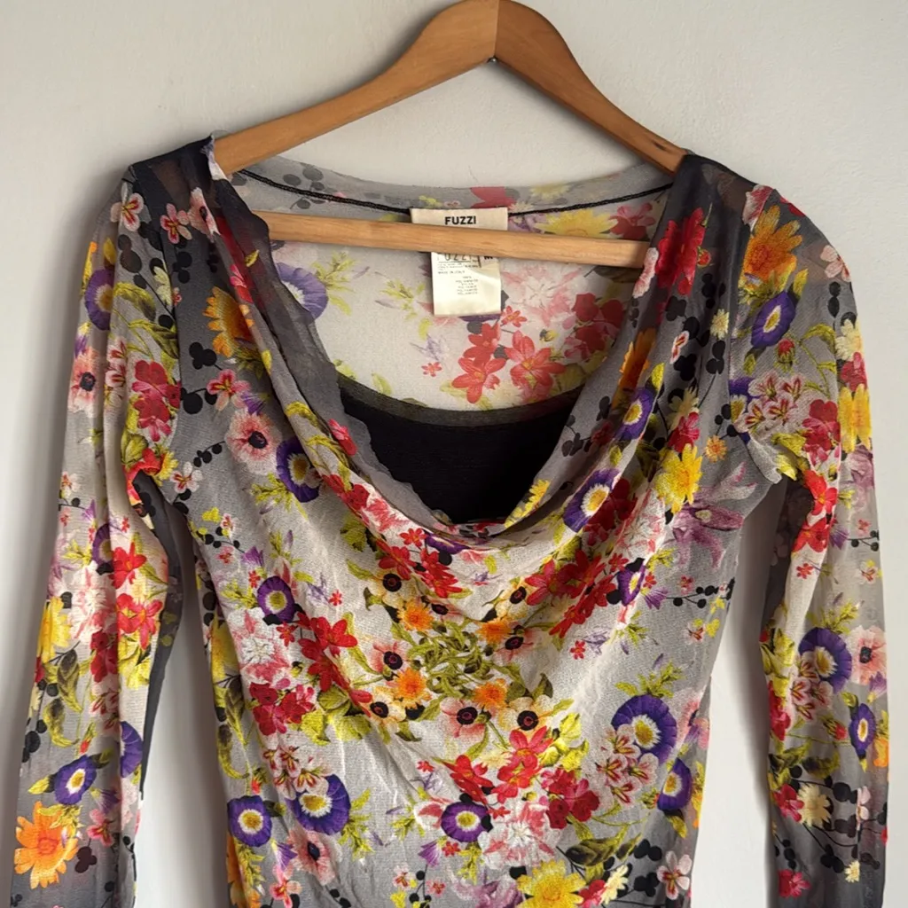 JPG Fuzzi Sheer Mesh Floral Long Sleeve Top – Cowl Neck Medium Black - Image 3