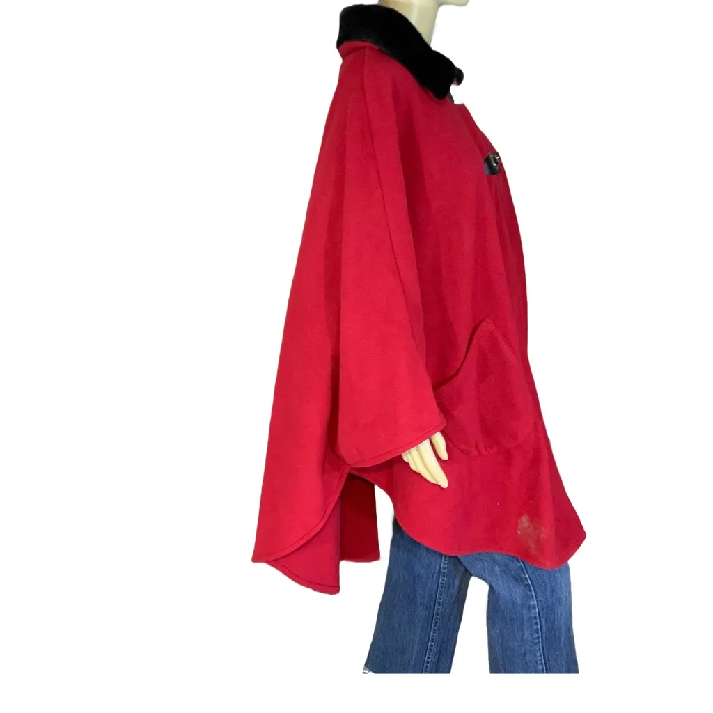 LE MODA RED FLEECE W/BLACK FAUX FUR COLLAR PONCHO (OSFM) Black Size undefined - Image 7