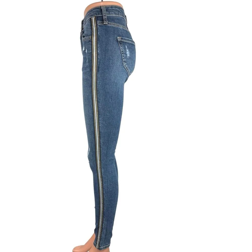 Wild Fable Blue Medium Wash Distressed Side Striped Skinny Jeans Size 0 - Image 2