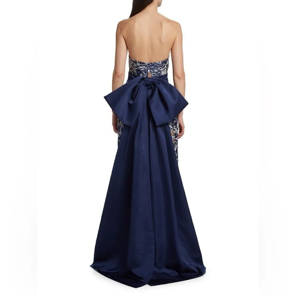 Marchesa Notte Navy Bow Back Lace Strapless Midi Dress Blue Size 4 - Image 3