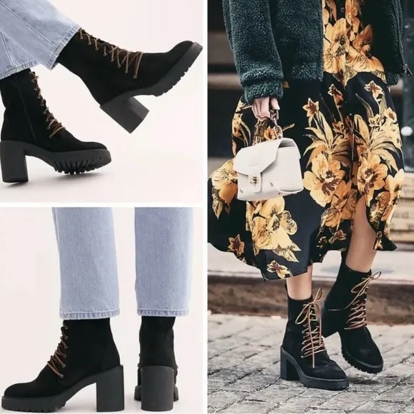 Free People Dylan Lace Up Chunky Mid Calf Suede Boots Black Women’s Size 8.5 - Image 2