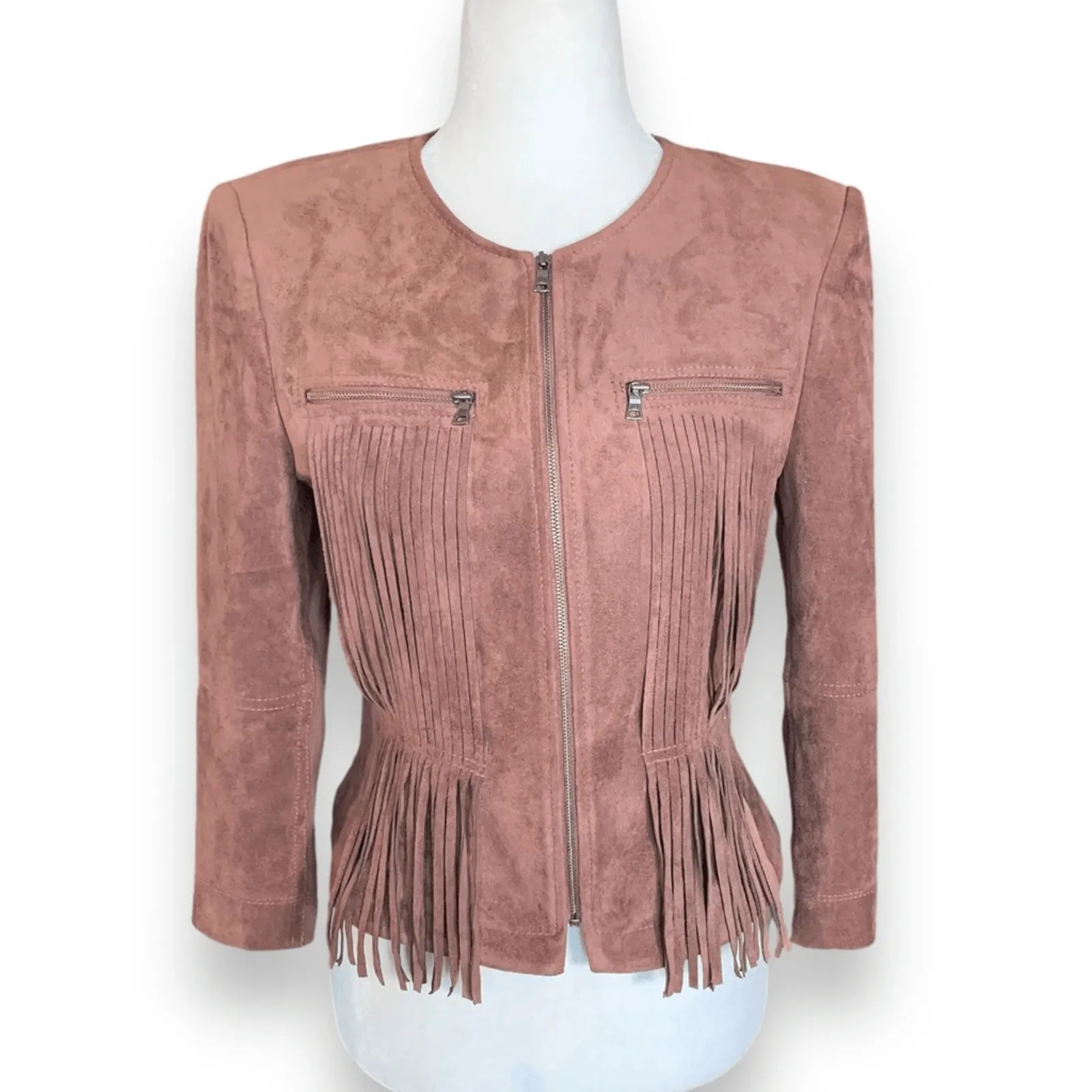 BCBGMAXAZRIA Reiss Fitted Fringe Jacket Toffee Faux Suede Leather Size Small - Image 3