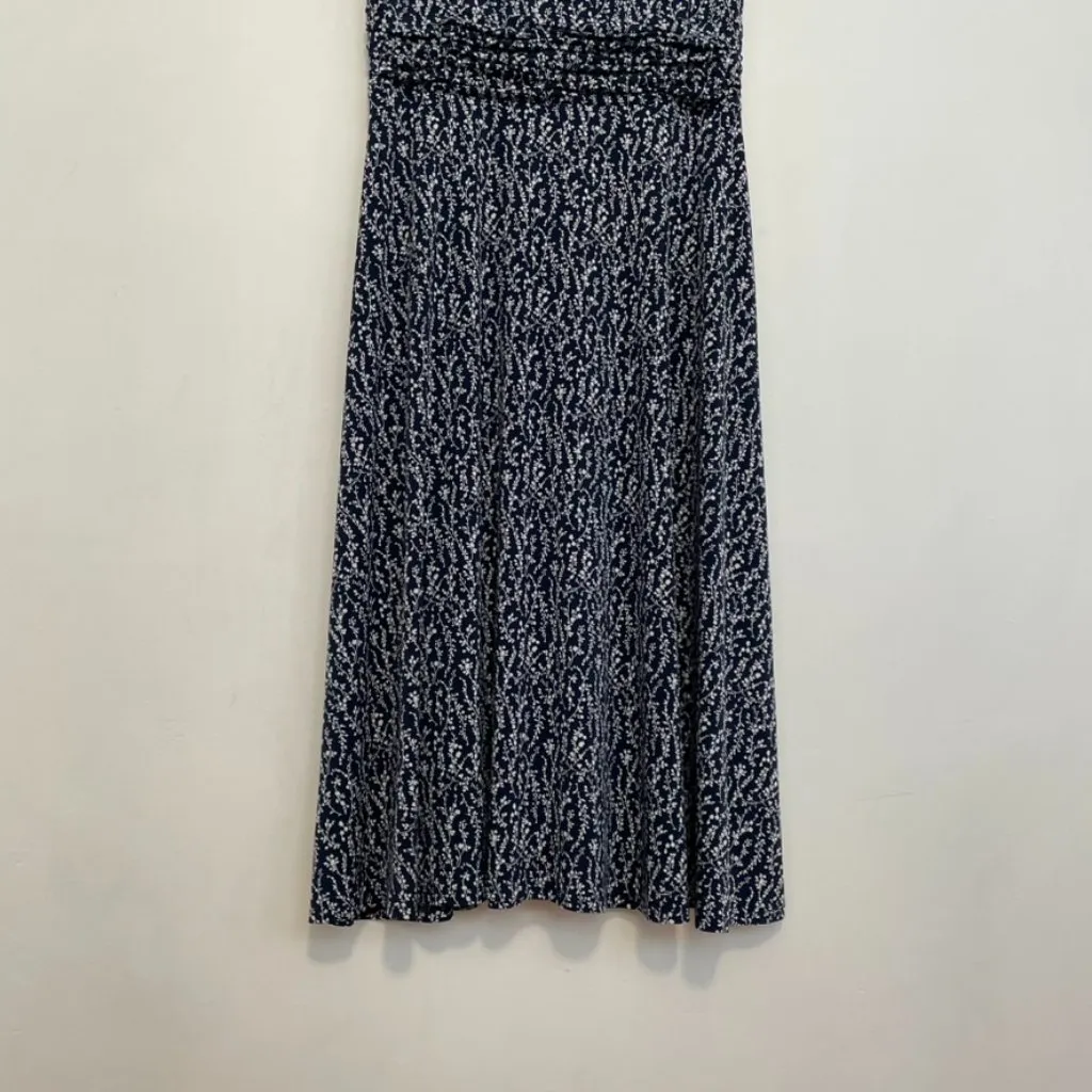 JESSICA HOWARD Ruched A-Line Dress Navy Blue White Floral Sleeveless Midi Office - Image 5