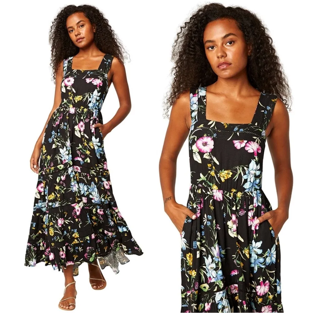 MISA • Anthropologie Aurelia Flouncy Floral Midi Dress maxi black floral linen - Image 7