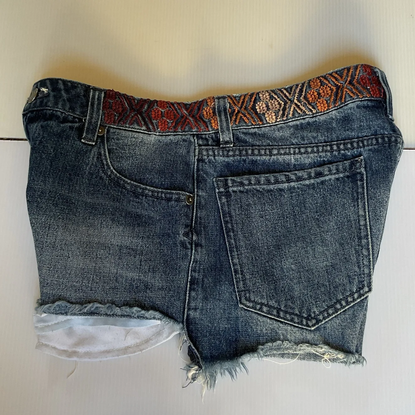 Volcom Stone Row High Rise Denim Shorts Women 27 Blue Embroidered Waist Cutoff - Image 5