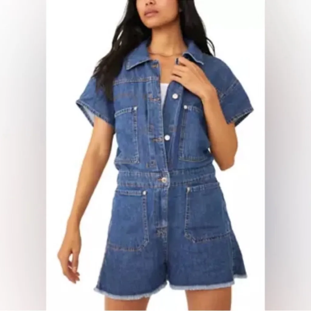 Free People Work Hard Play Harder denim romper size medium - Image 2