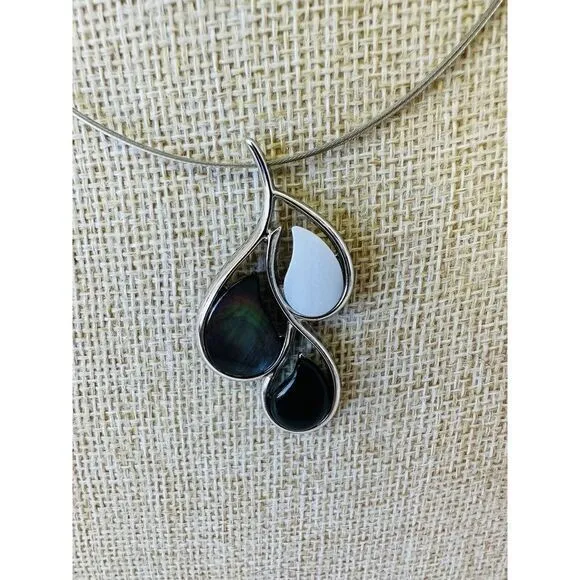 Lia Sophia Silver Tone Necklace Mother of Pearl Black White Tear Drops Pendant - Image 3