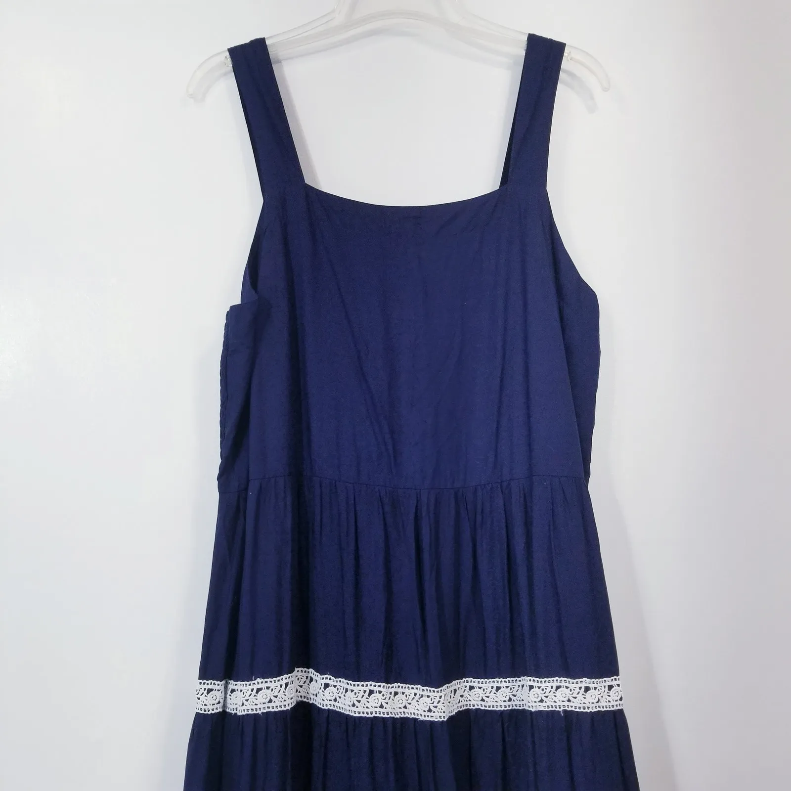 Crown Ivy Navy Blue Smocked Tiered Maxi Dress Lace Pom Pom Details - Image 10