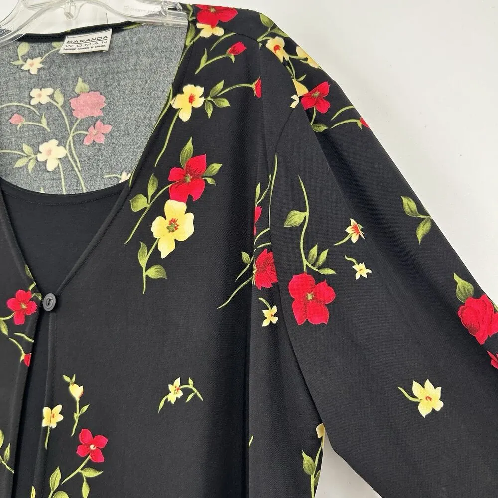 Vintage 90s Baranda Layered Look Cardigan Top Black Floral Stretch Size 2X - Image 3