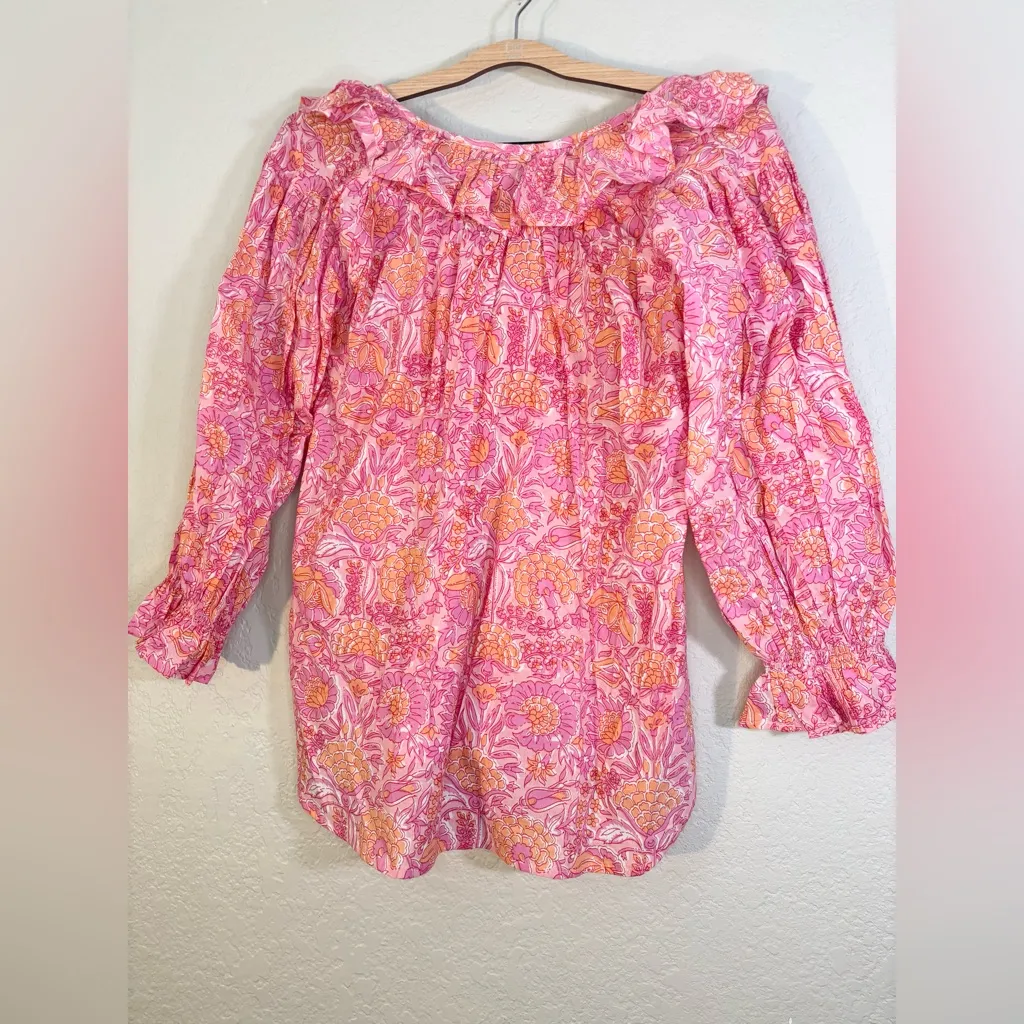 Mille Francesca Orange and Pink Floral Carnation Cotton Ruffle Top Size XS - Image 5