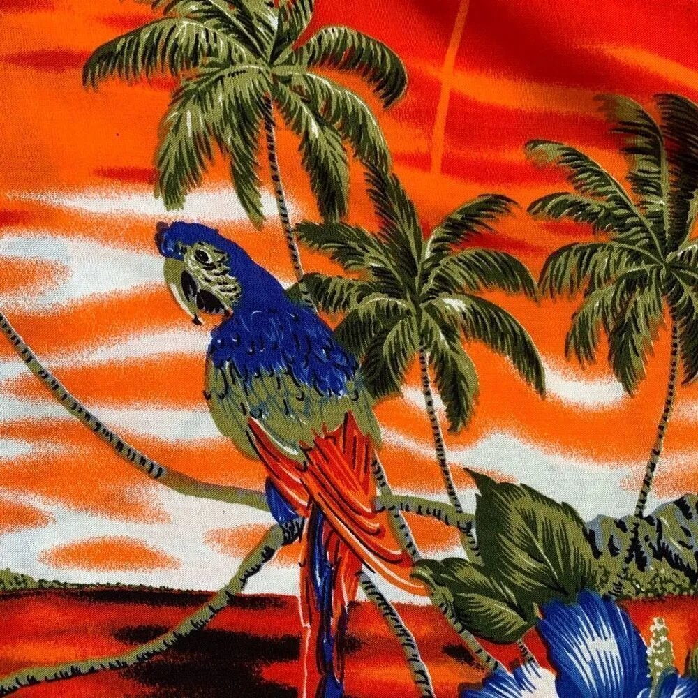 Vintage Maxi Dress Hawaiian Print Red Orange Smocked Top Tropical Macaw Medium Red - Image 7