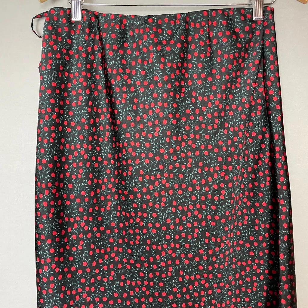 Dip Skirt Floral Print Midi Straight Rose Pattern Slit Black Red Medium Women - Image 7