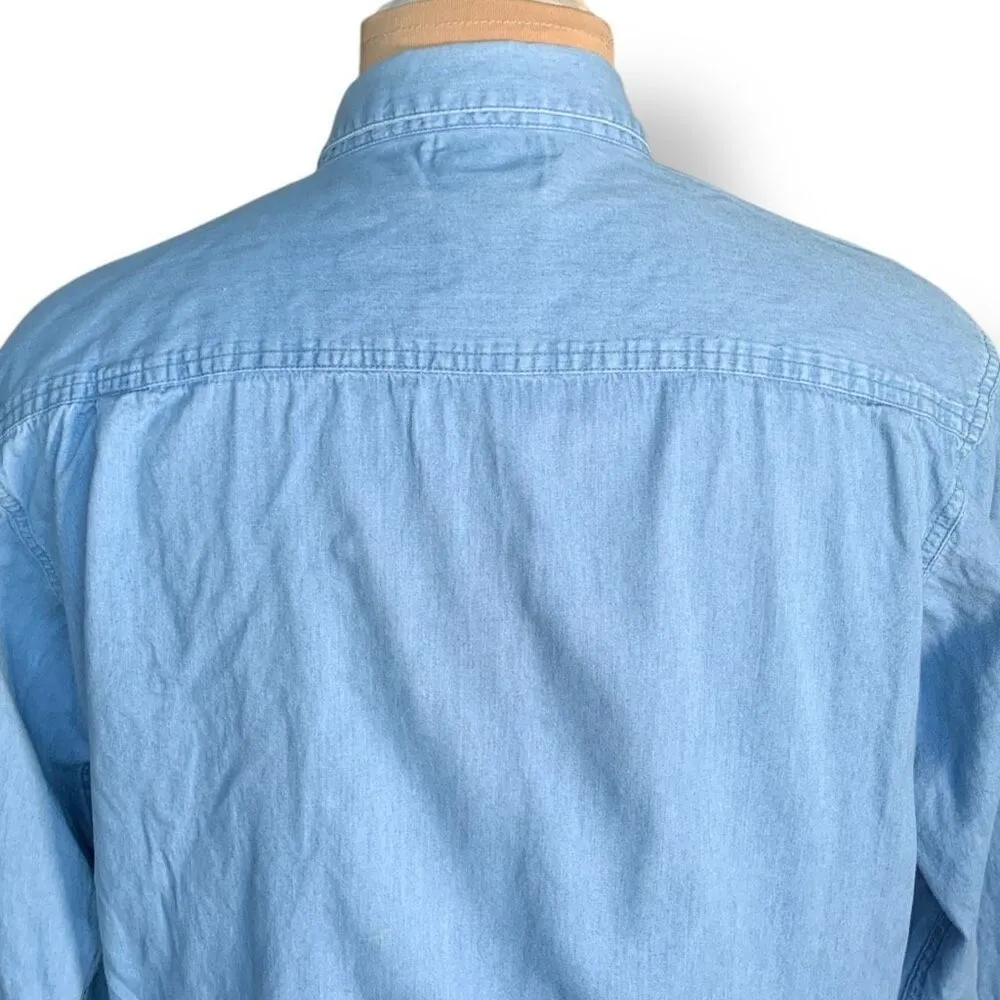 Vintage 90s Embroidered Chambray Denim Shirt Button Down Floral Long Sleeve Blue Size M - Image 7