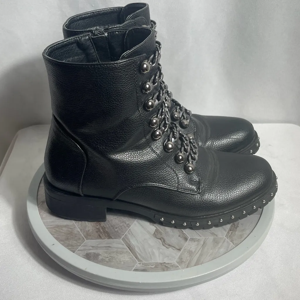 Black Chain Combat Ankle Boots Womens US 9.5–10.5 EU 40 Studded Lug Sole - Image 3