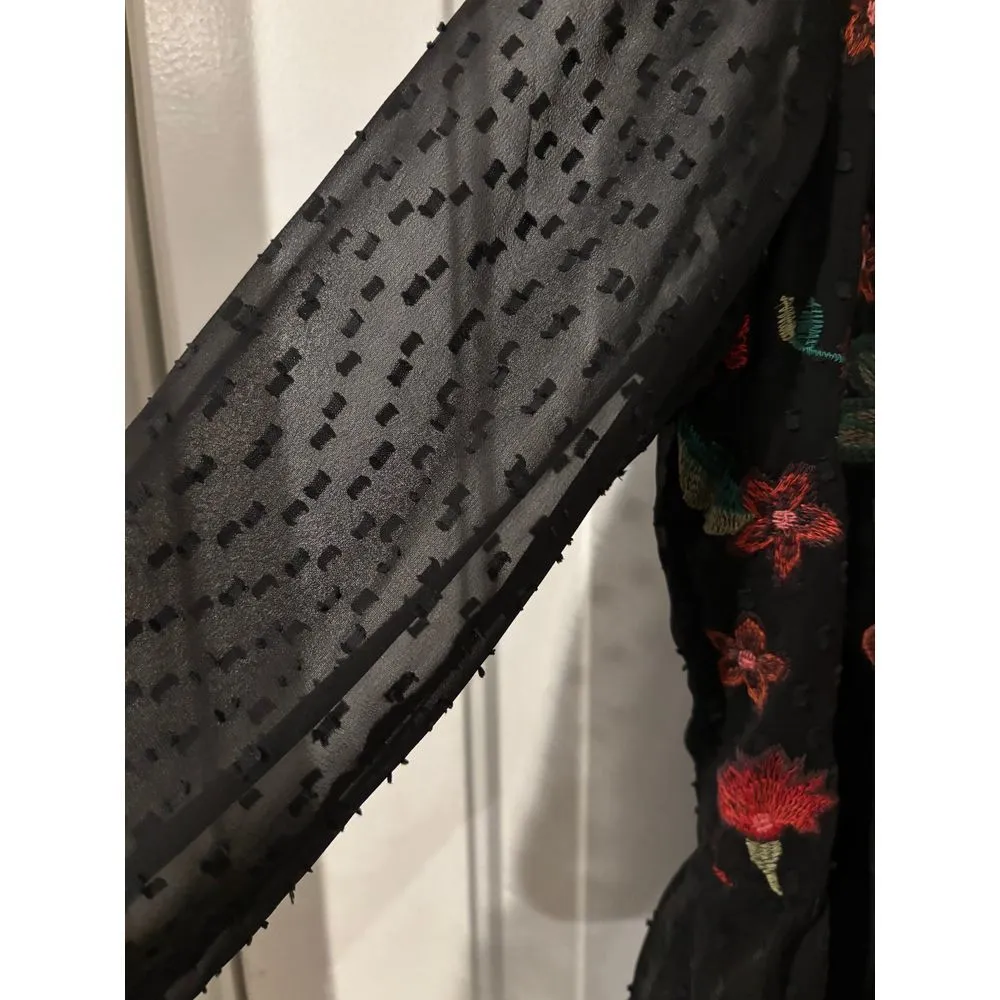 American Eagle Med Floral Embroidered Long Sleeve Peplum‎ Top Black with Flowers - Image 4