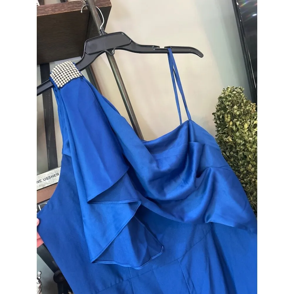 Adrianna Papell Draped One Shoulder Rhinestone Jumpsuit Royal Blue Womens Size 2 - Image 5