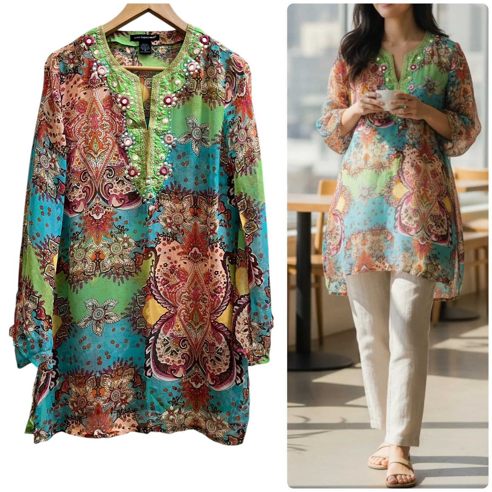 Saint Tropez West Silk Semi Sheer Multicolor Stud Embellish Cover Up Tunic Large - Image 15