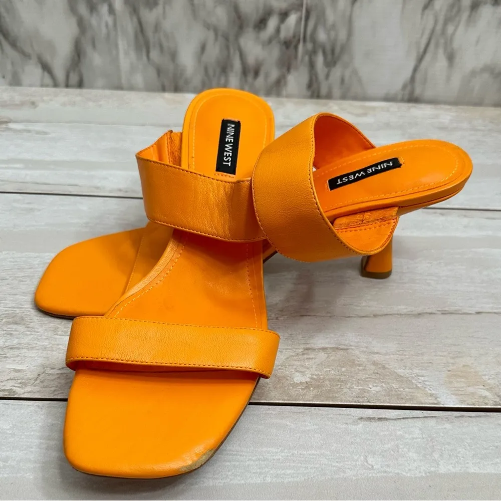 Nine West Orange Leather Kitten Heel Strappy Sandals Vacation Summer Sexy Bold - Image 9