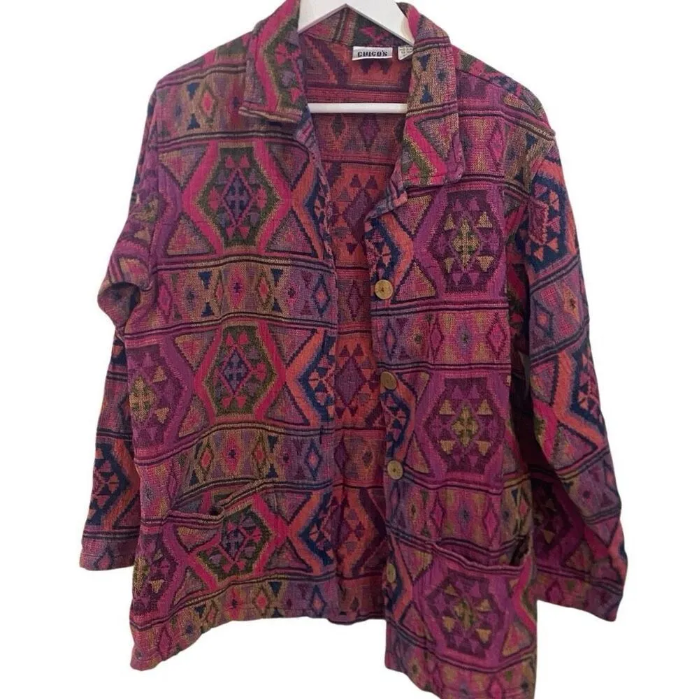 Vintage Chico’s Tapestry Jacket Aztec Southwestern Tribal Boho 100% Cotton - Image 3