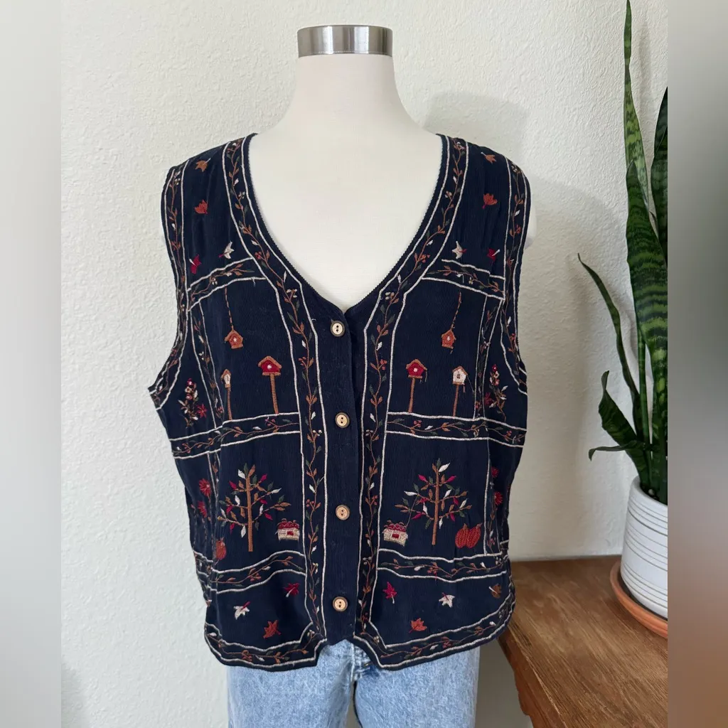 Vintage Navy‎ Corduroy Fall Embroidered Vest Fall pumpkin leaves Birdhouse large Blue - Image 9