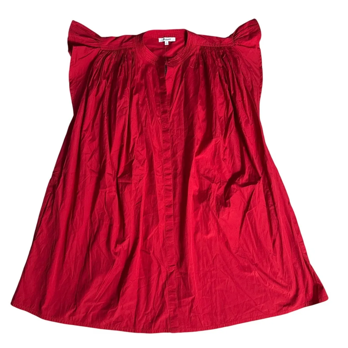 Madewell Flutter Sleeve‎ Button-Front Poplin Mini Dress Red Pcockets Size Large - Image 9