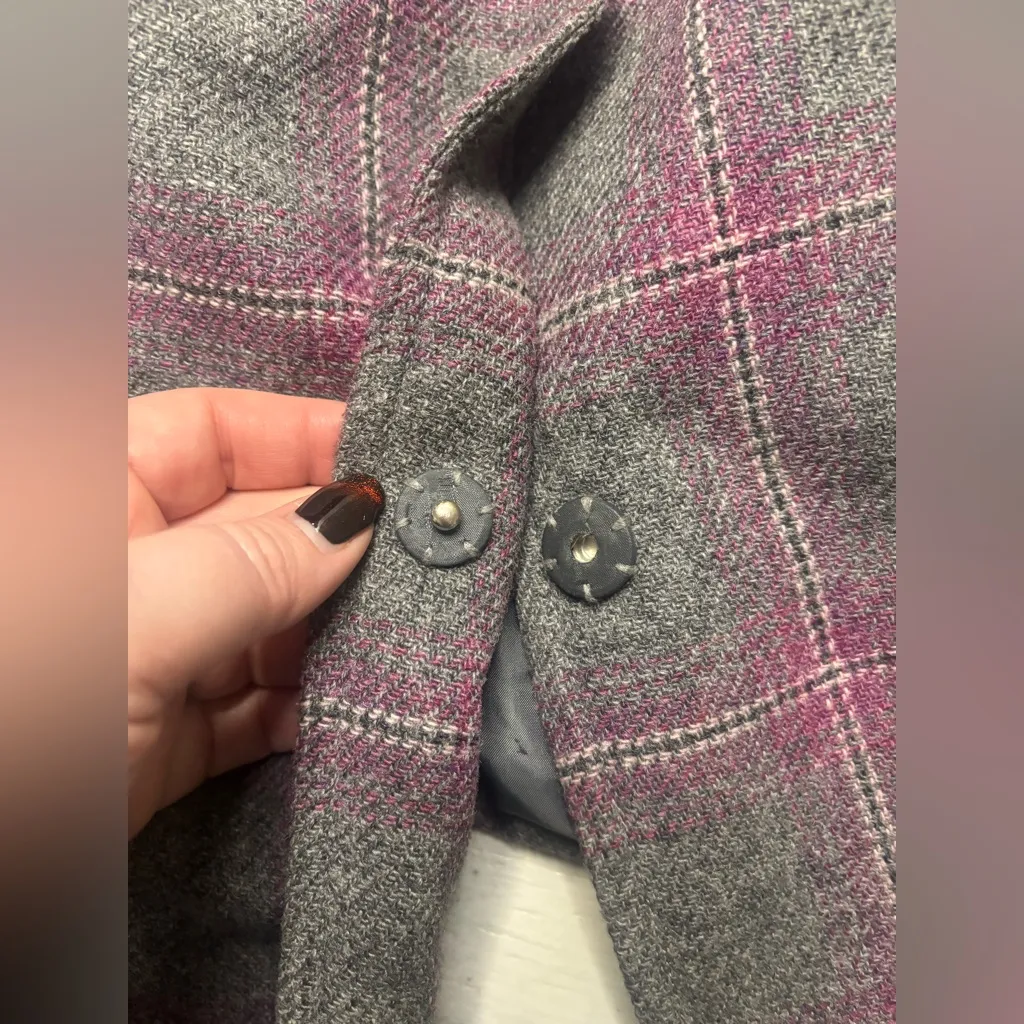 Talbots Blazer Jacket Size 14 Gray Purple Plaid Wool Blend Snap Front Pockets - Image 5