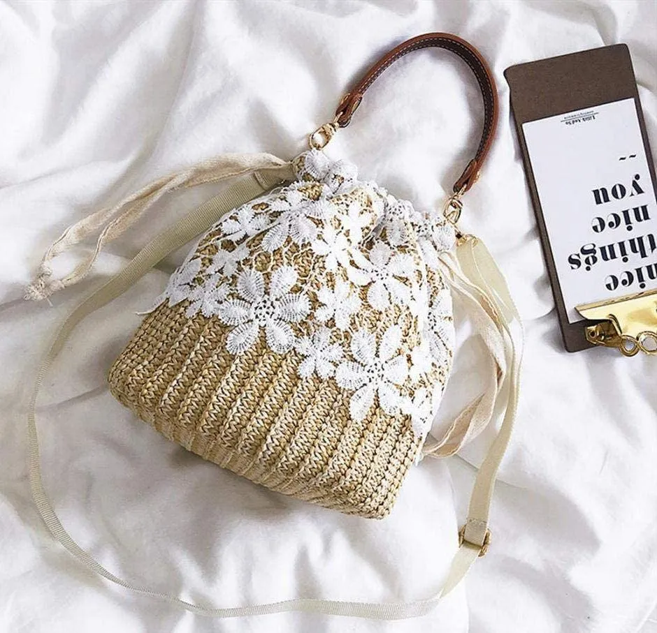 Exquisite Beach Clutch Purse Bag Bucket Bag Lace Handmade Straw Woven Sling Handbag Shoulder Crossbody Bag for Women, Beige, One Size - Image 5