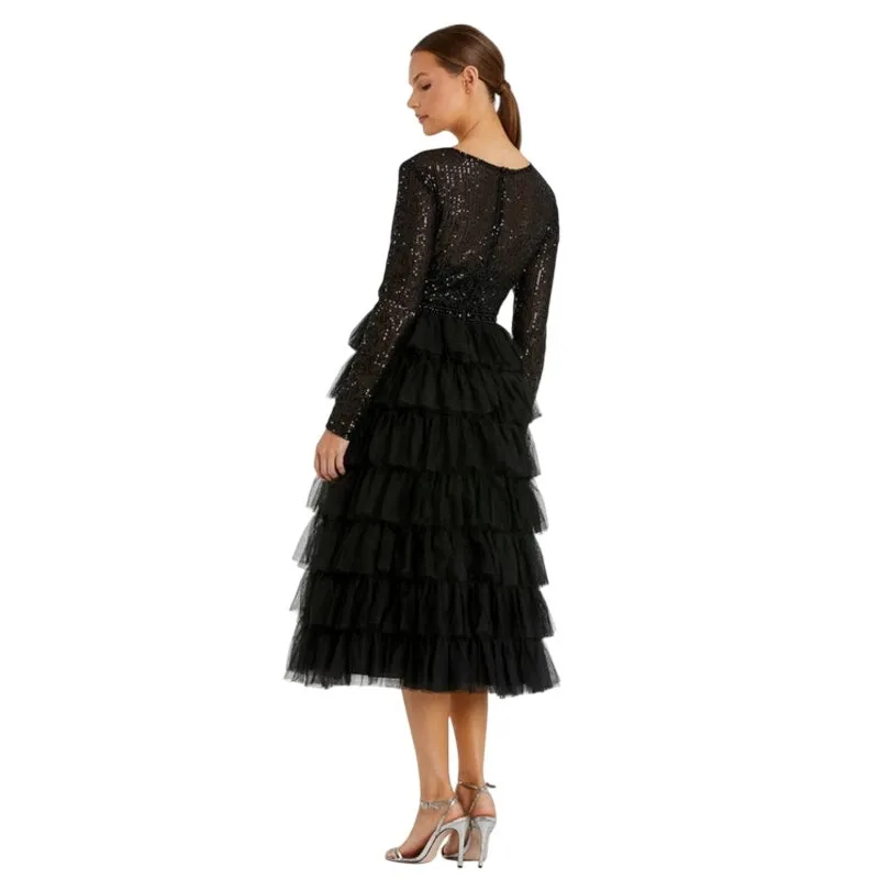 Mac Duggal NEW Size 6 Black Long Sleeve Ruffle Tiered Midi Dress Style 26299 - Image 2