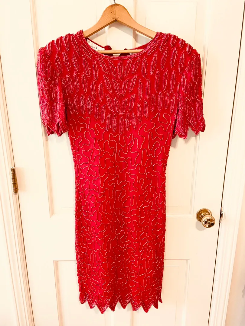 Beaded Sequin Flapper Vintage Dress Red Size L - Image 8