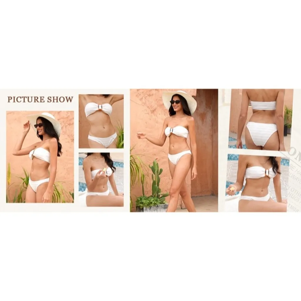 Blue Striped Strapless Bandeau Swimsuit High Waisted Textured Bikini MEDIUM - Image 5