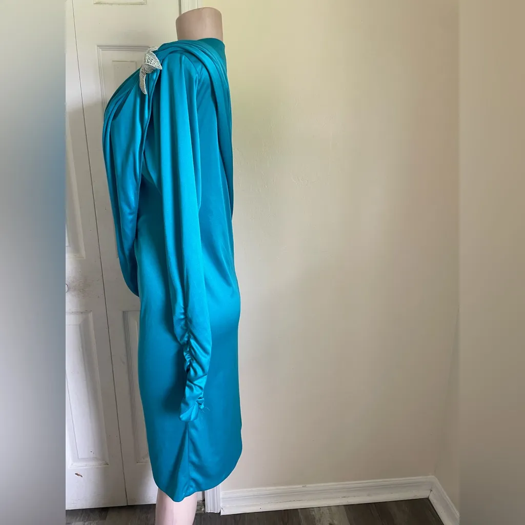 Chic Teal Draped Long Sleeve Dress Blue Size undefined - Image 3