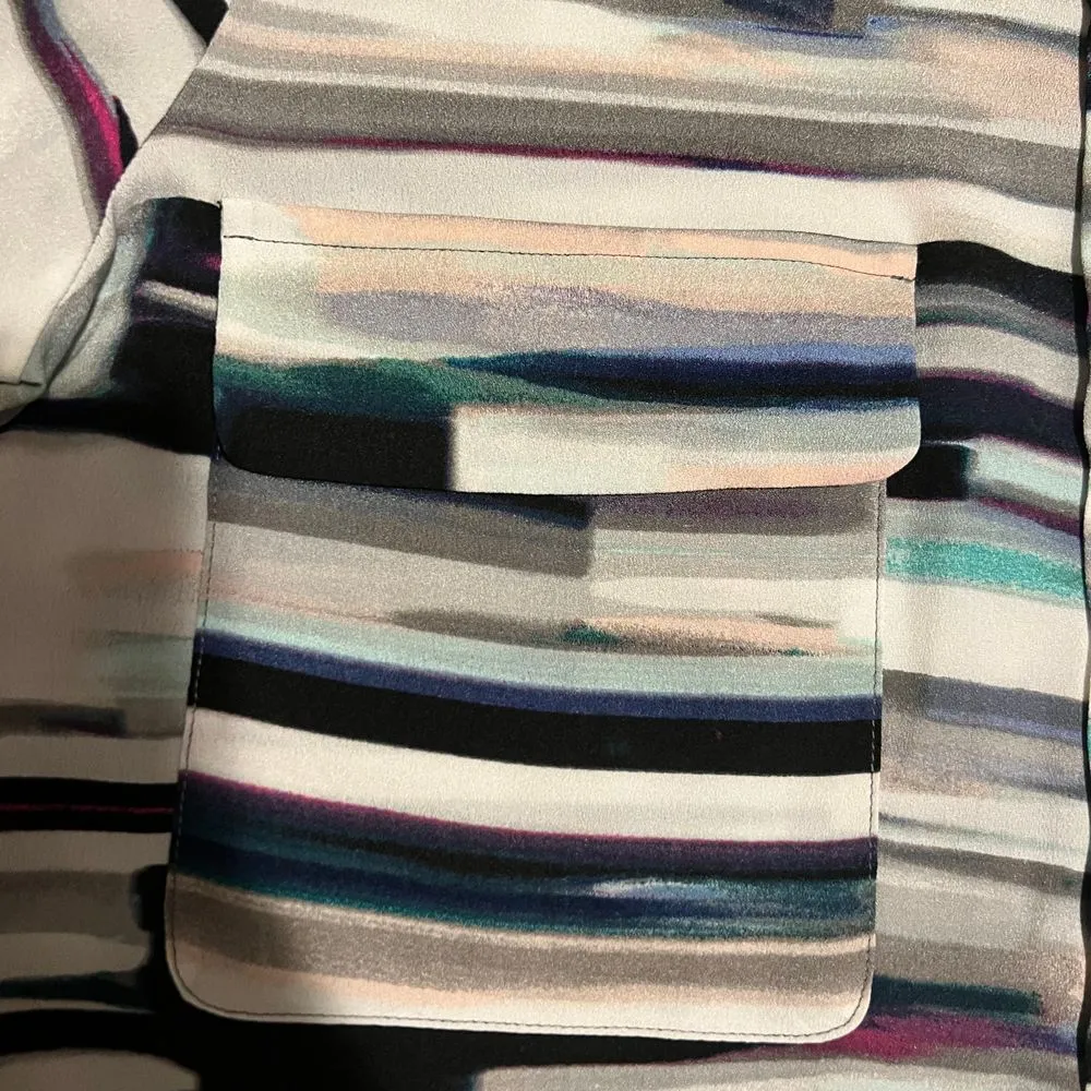 Calvin Klein Abstract Watercolor Striped Button-Down Shirt Long‎ Sleeve Blouse S - Image 3