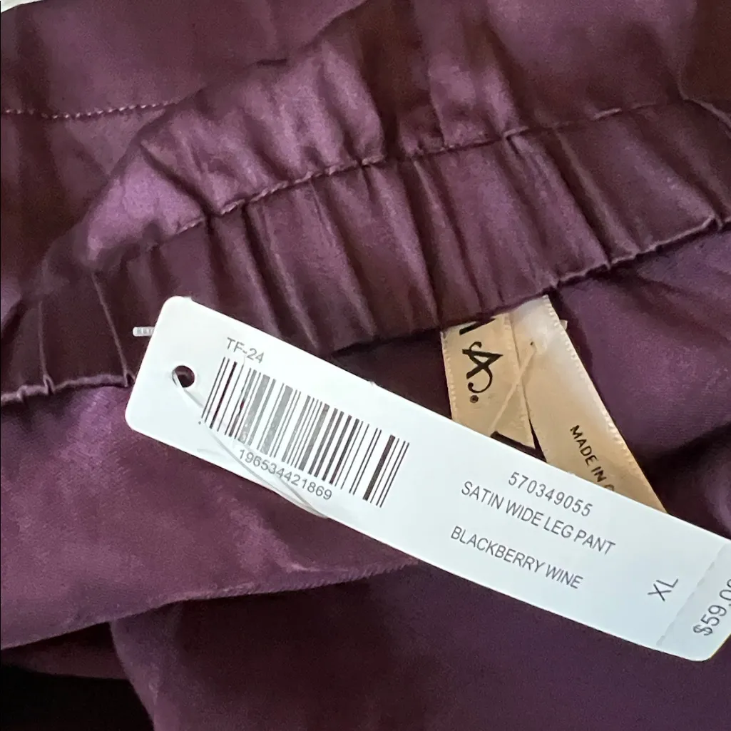 SOMA Satin Wide Leg Pants BlackBerry Wine XL New With Tags - Image 2