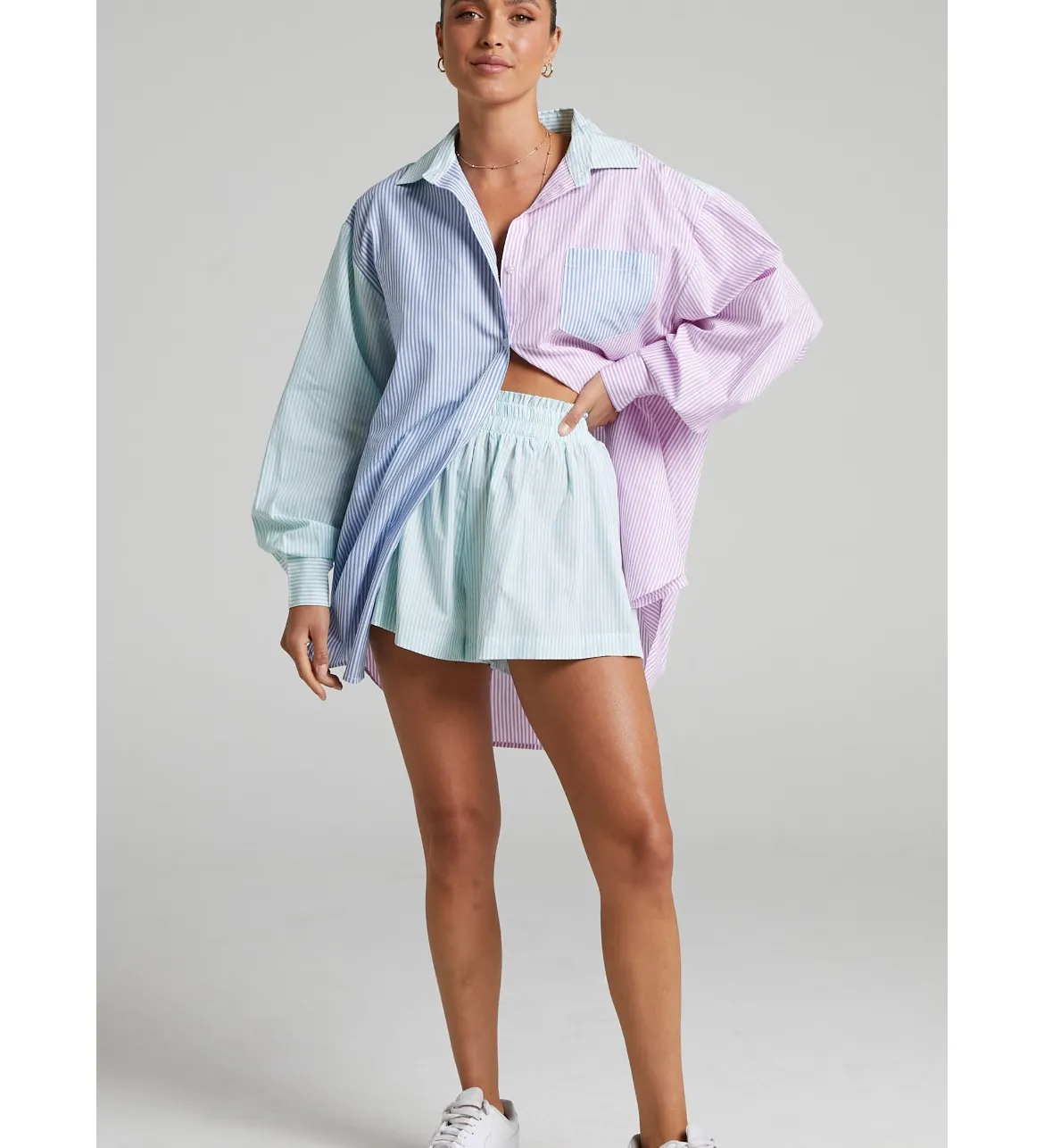 Showpo Colorblock Purple and Green Striped Button Down Shirt Set - Image 3