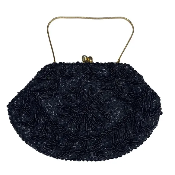 Vintage: Handmade Sequin Embroidery Evening Mini Bag ❁ Black Silk ❁ Gold Chain - Image 1