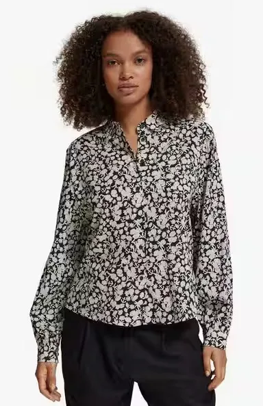 Scotch & Soda Cotton Blend Printed Balloon Sleeve Button-Down Shirt Small - Image 1