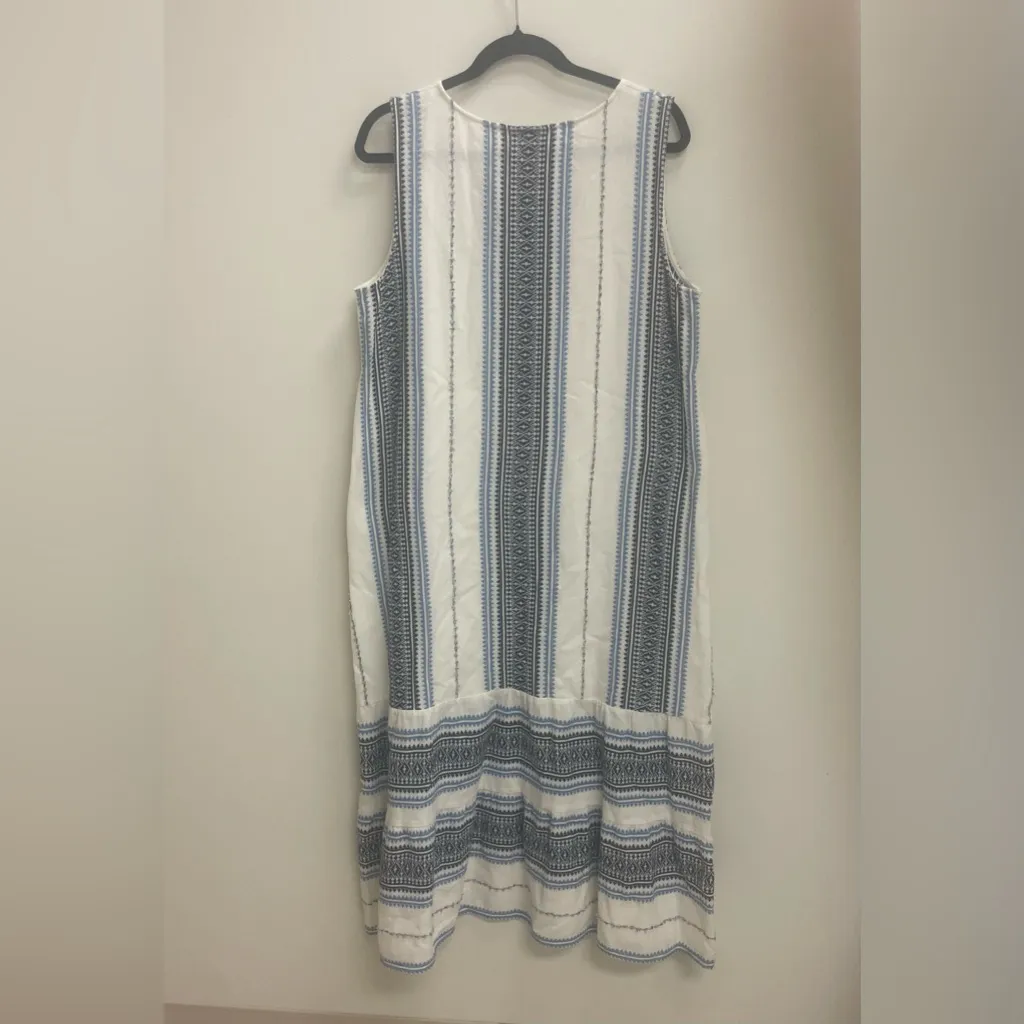 J. Jill Cotton Blend Embroidered Tiered V-Neck Boho Cream/Blue/Black Dress - Image 7