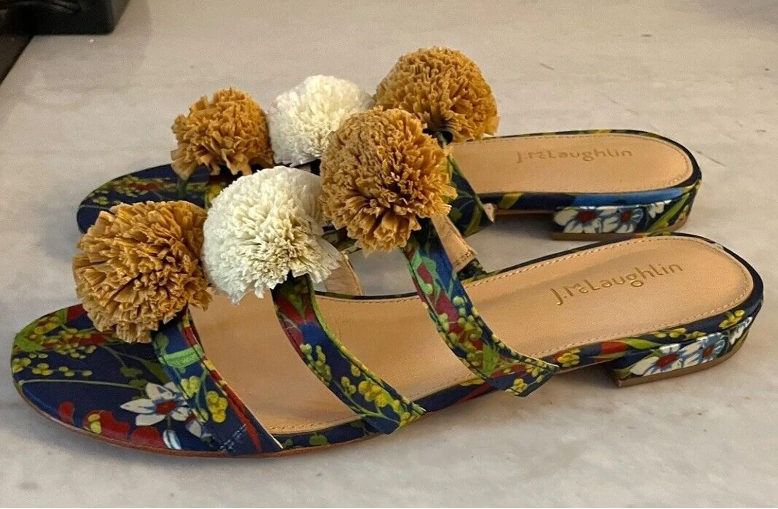 J. McLaughlin Mandy Floral Pom Pom Sandals Slides Size 8 Leather Blue Raffia - Image 1