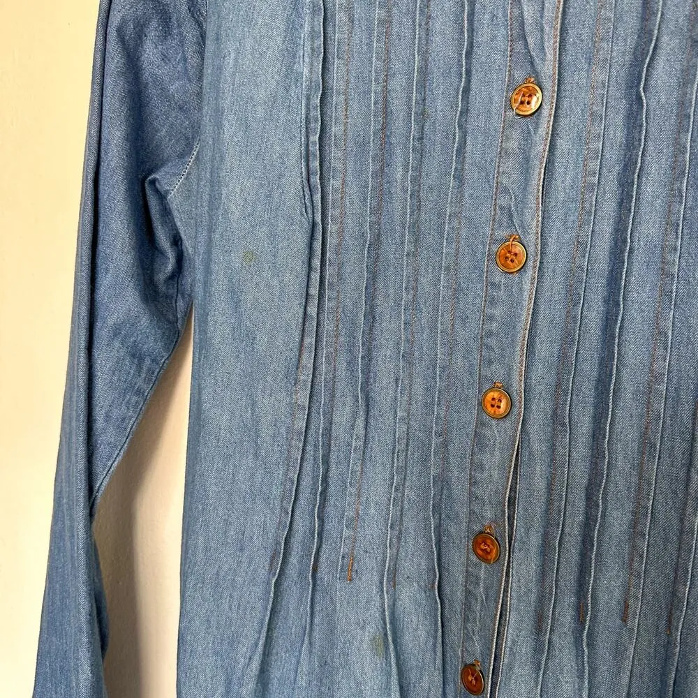 Vintage 90s Denim Teacher Dress Fall Maxi Dress with Faux Suede Collar 12 Blue - Image 3